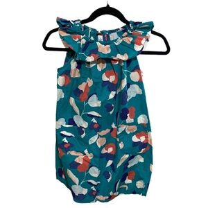 Tea Floral Teal Ruffle Neck Sleeveless Little Girl Dress. Size 8.